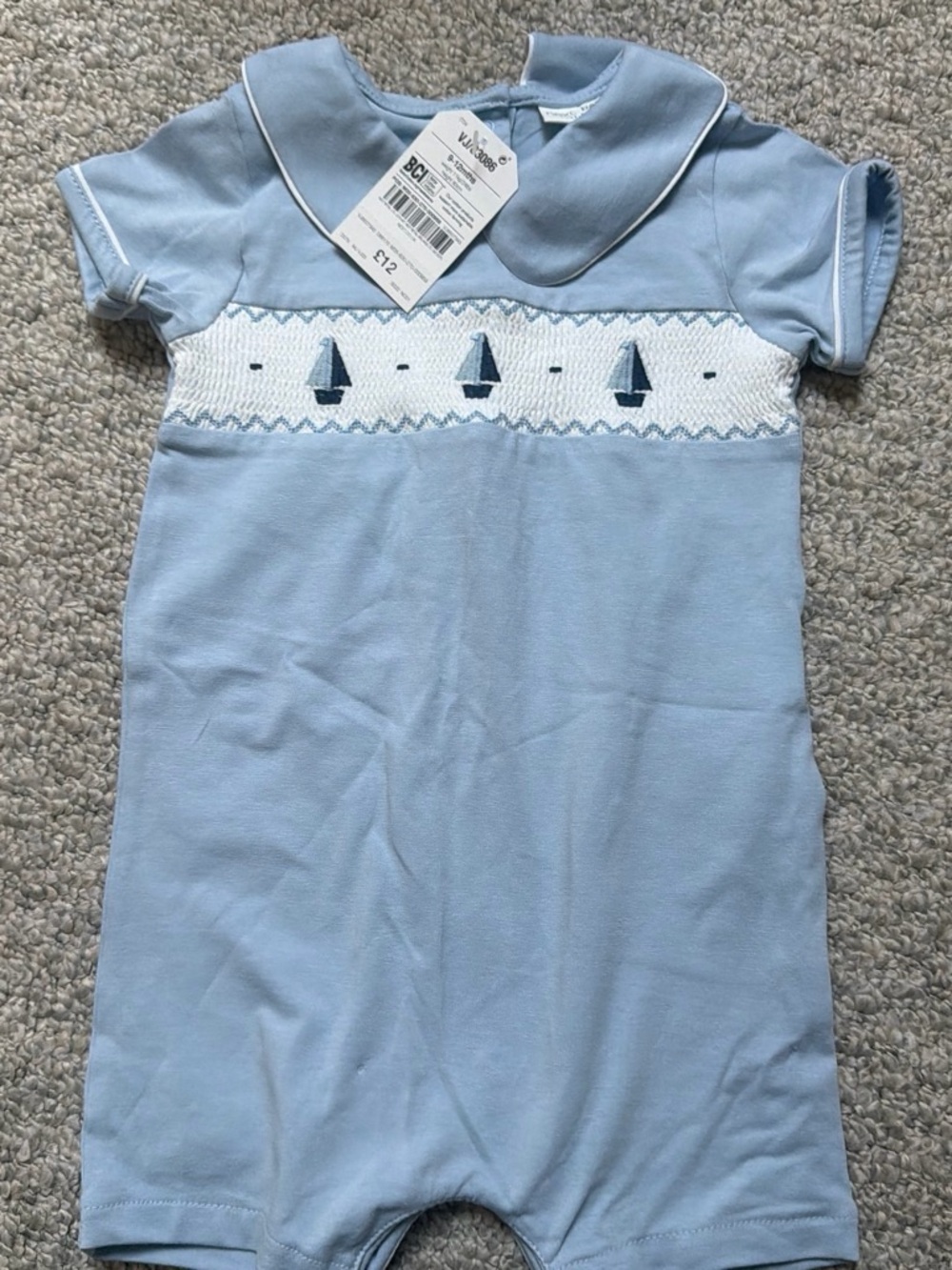 next Light Blue Smocked Sailboat Short Sleeve Romper